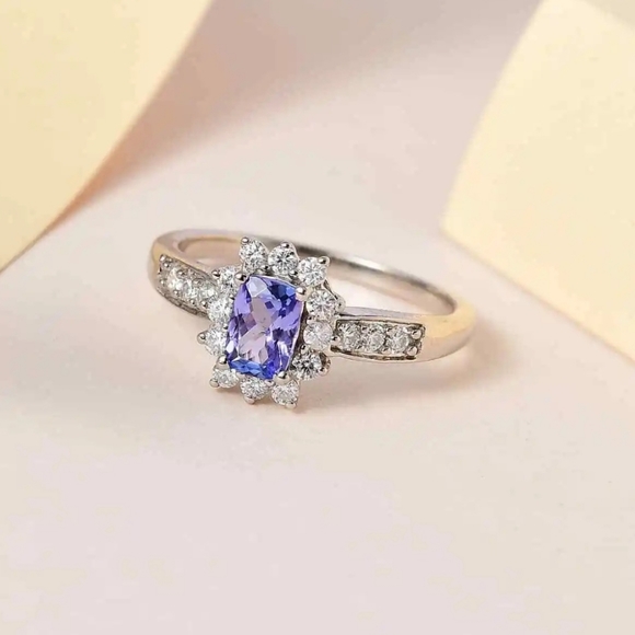 Genuine Tanzanite & Moissanite Ring. Platinum/ Sterling Silver Sz 6! - Picture 4 of 7